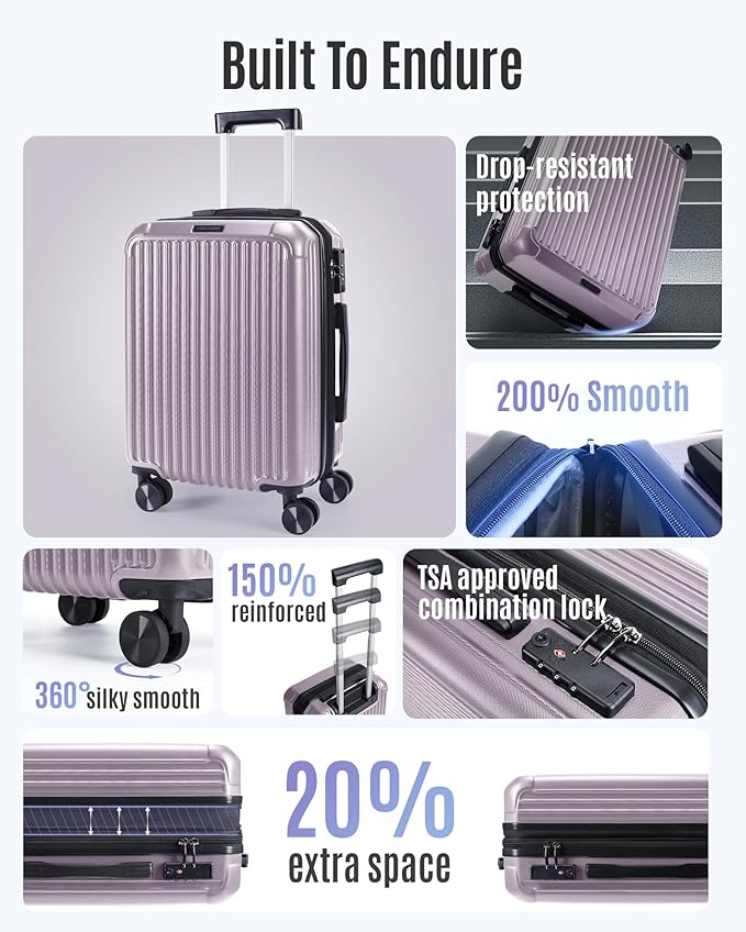 LIGHT FLIGHT Carry On Luggage 22x14x9 Airline Approved, Durable Hard Shell Carry On Suitcases with Wheels, Expandable Hardside Lightweight Travel Luggage with TSA Lock 20 Inch Carry on, Rose Purple