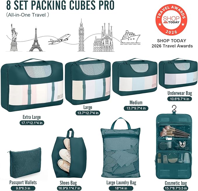 Veken 8 Set Packing Cubes for Travel Essentials, Suitcase Organizer Bags in 4 Sizes, Carry-On Luggage Accessories with Large Laundry Bag & Passport Holder, Must-Have for Airplane, Road Trip & Camping