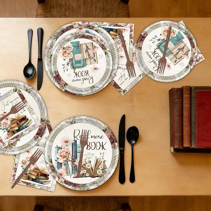 Rakuto Book Themed Party Decorations, 96PCS Vintage Book Club Paper Plates and Napkins Birthday Decoration, Reading Library Bookworm Forks Decor Supplies for Birthday Baby Shower Serve 24
