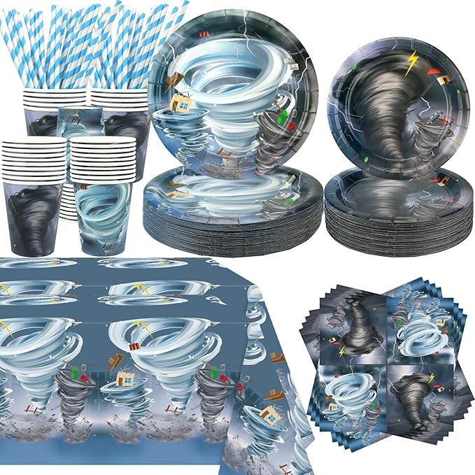 KEFAN Tornado Birthday Party Decorations, Tornado Theme Party Tableware Supplies including Plates, Cups, Napkins, Tablecloth (40)