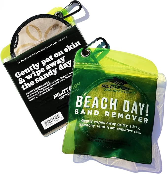 Pilotfish Beach Essentials Sand Remover Bag, Gentle Skin-Friendly Formula with 7 Natural Ingredients, Free of Talc and Fragrance, Sand Removal Beach Accessories, Must Haves, Gifts for Women (2-Pack)