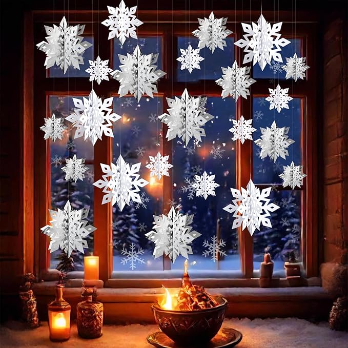 OuMuaMua Winter Christmas Snowflake Decorations Indoor, 36PCS 3D Large White and Silver Snowflakes Hanging Ornaments for Home Xmas Christmas Holiday Winter Wonderland New Year Party Decorations