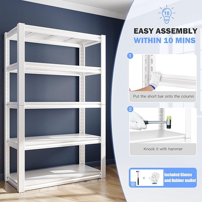 Raybee Garage Shelving Heavy Duty White Garage Storage Shelves 2010LBS Adjustable Heavy Duty Shelving 5 Tier Metal Shelves for Kitchen Pantry 4 Pack