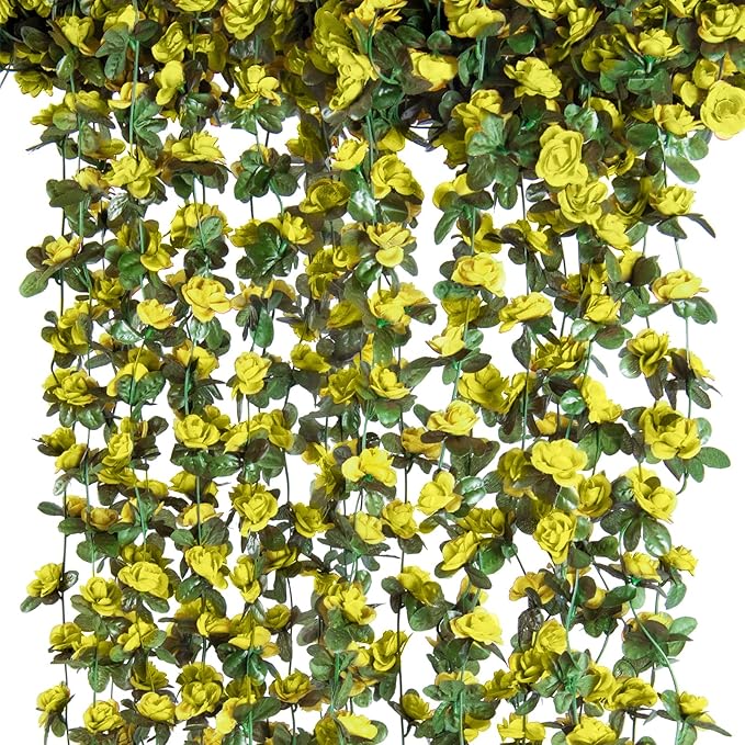 8 Pcs x 8.2 ft Flower Garland Artificial Rose Vine Flowers with Green Leaves Hanging Fake Roses Vine for Room Party Home Wedding Birthday Christmas Wall Arch Decor, Spring Yellow Flower