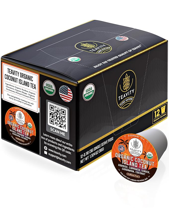 Coconut Island Teavity Organic Ginger Cinnamon Cardamom Rooibos Tea Pods for Keurig (12 Pods)