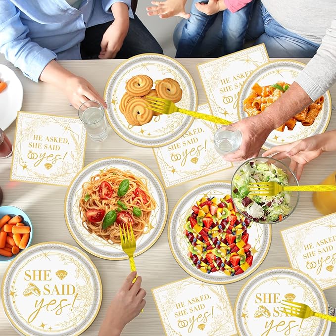 Rakuto Engagement Party Tableware Decorations, 96PCS She Said Yes Disposable Plates and Napkins Forks Set, Bridal Shower Wedding Plates and Napkins Dinnerware Sets