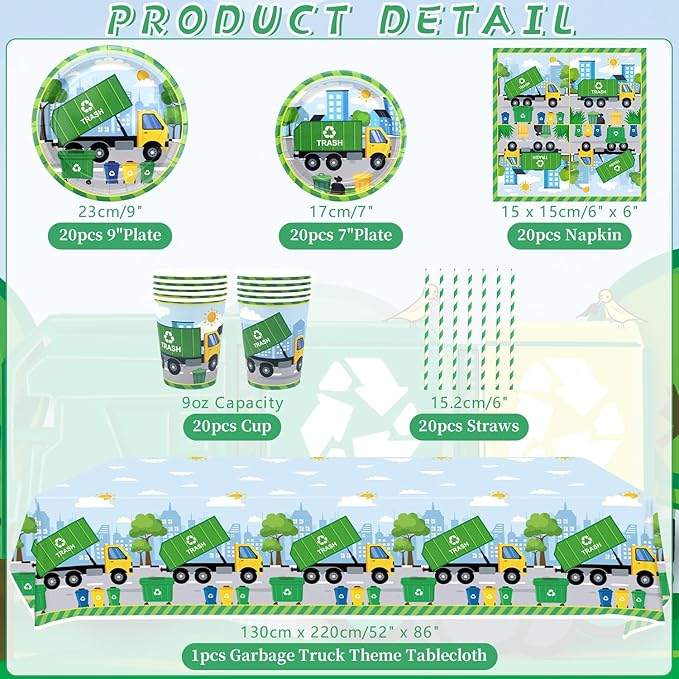 Trash Truck Birthday Party Decoration - Garbage Truck Birthday Party Tableware Supplies Includes Plates, Cups, Napkins, Tablecloth, Straws (20)