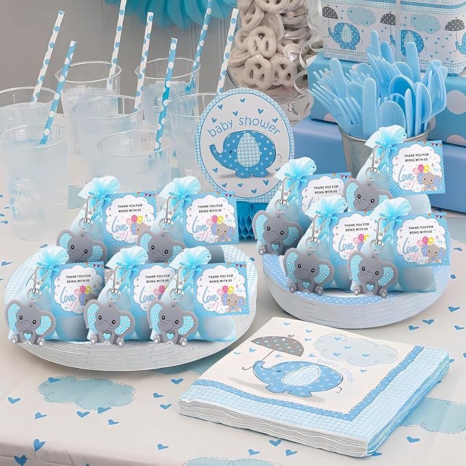 HozHoy 40 Sets Baby Shower Favors for Boys, Guests Gifts Including Elephant Keychains Decorations, Drawstring Bags, Thank You Cards