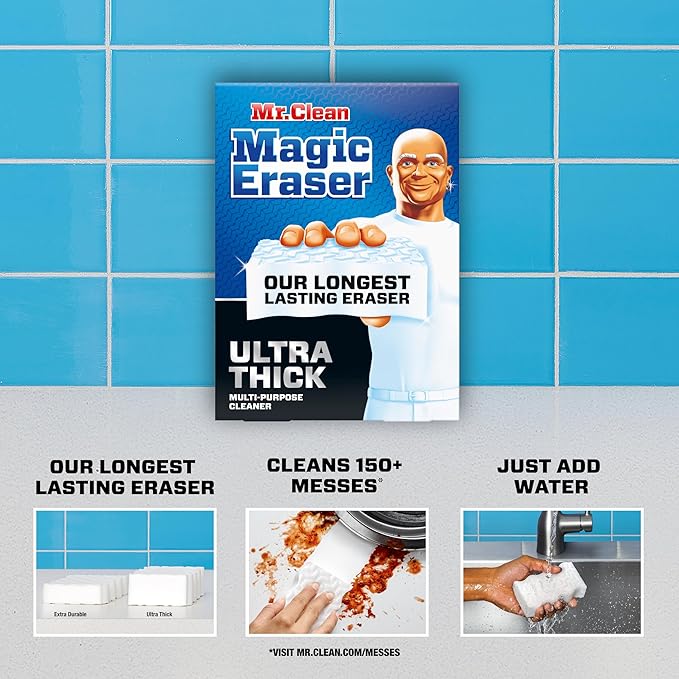 Mr. Clean Magic Eraser Ultra Thick Multi Purpose Cleaner, Bathroom Cleaning Supplies, Magic Eraser Sponge Multi Surface Cleaner, 5ct