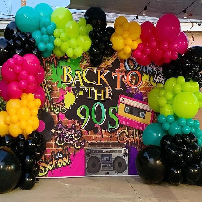 80s 90s Disco Party Decorations, 149Pcs Colorful Balloon Garland Kit Hot Pink Orange Green Balloons with Radio Retro Mobile Phone Balloons for Back to the 80s 90s Hip Hop Music Birthday Supplies