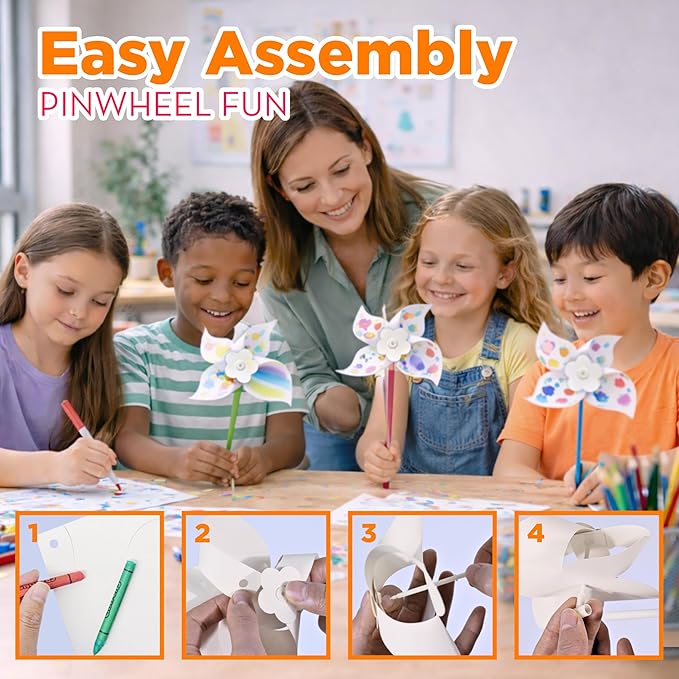 4E's Novelty 24 Pack DIY Pinwheels Craft for Kids, Bulk Summer Pinwheel Craft Kit, Color Your Own Paper Windmill for Pinwheels for Kids Bulk Spring Craft for Kids Easter Art Games