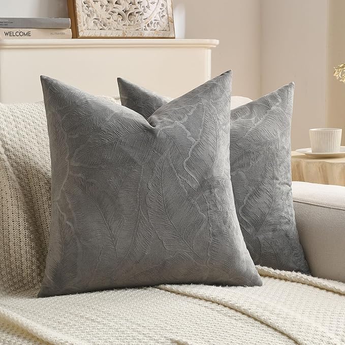 FUTEI Dark Grey Velvet Throw Pillow Covers 16x16 Inch Set of 2,Soft Embossed Leaf-Relief Textured Cushion Cases,Natural Home Decor for Couch Living Room