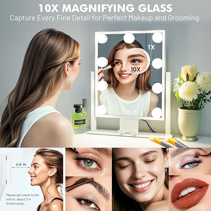 Kottova Lighted Makeup Mirror, Hollywood Vanity Mirror with Lights, Three Color Modes, with Detachable 10x Zoom Mirror, Smart Touch Control, Metal Frame, 360° Rotation（14.1in,White）