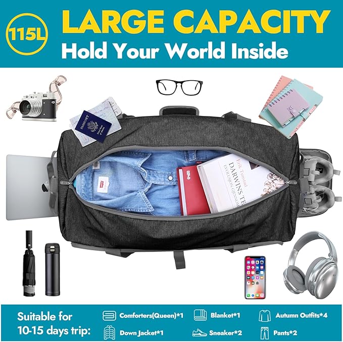 Canway 115L Travel Duffel Bag, Foldable Weekender Bag with Shoes Compartment for Men Women Water-proof & Tear Resistant (Panther Black, 115L)