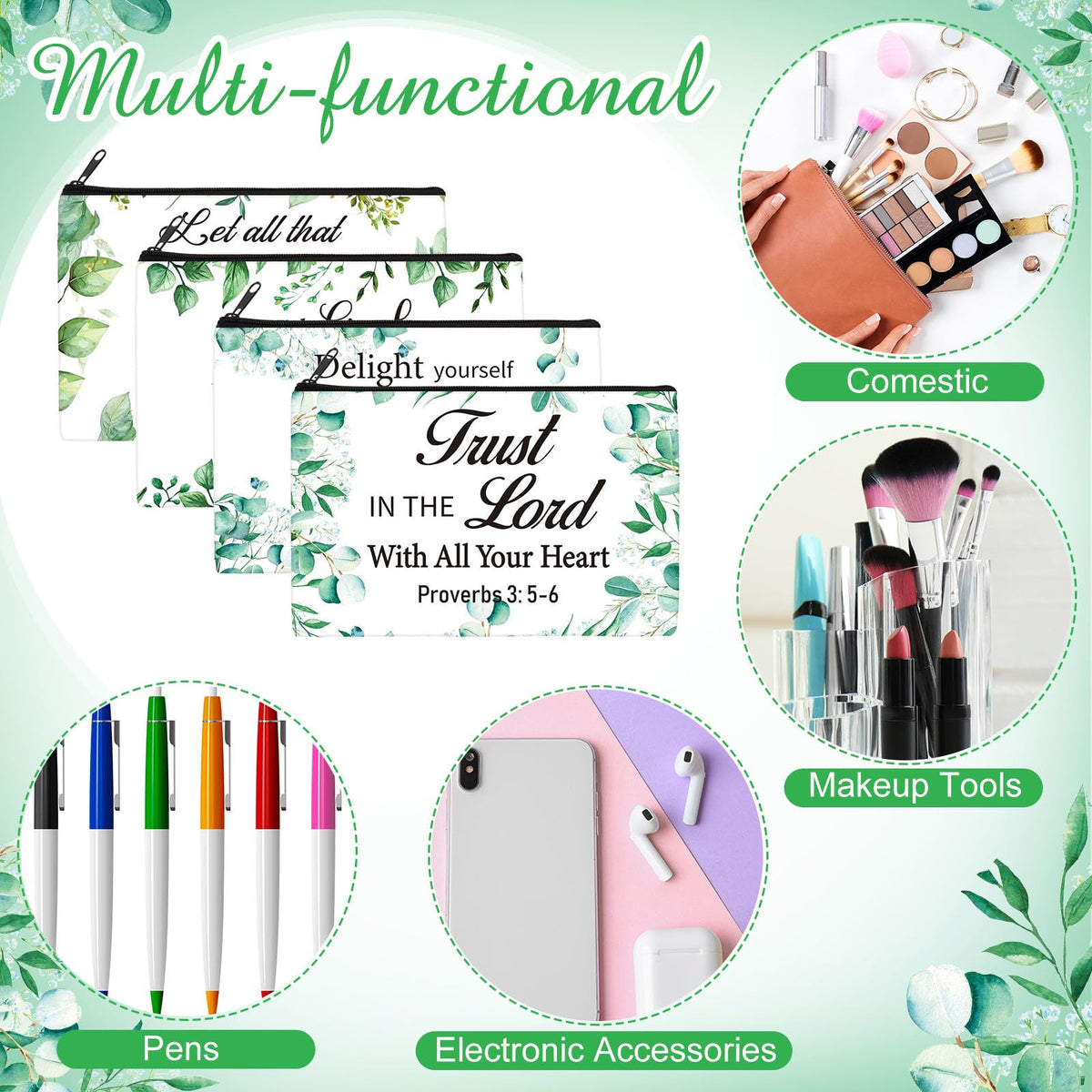 Hillban 36 Pcs Christian Gifts for Women Christian Makeup Bag Bible Verse Cosmetic Bag Inspirational Pencil Case with Zipper Green Leaves Travel Organizer Pouch for Cosmetics Makeup Brushes, 12 Styles