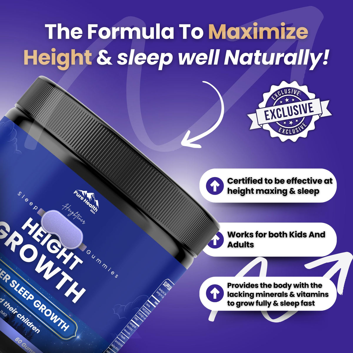 Heightener Height Growth Sleep Gummies - Vitamins to Grow Taller for True Height Potential, Natural Height Booster Increase Supplement for Kids and Adults | Calcium & Melatonin Multivitamin - 60 Gummy
