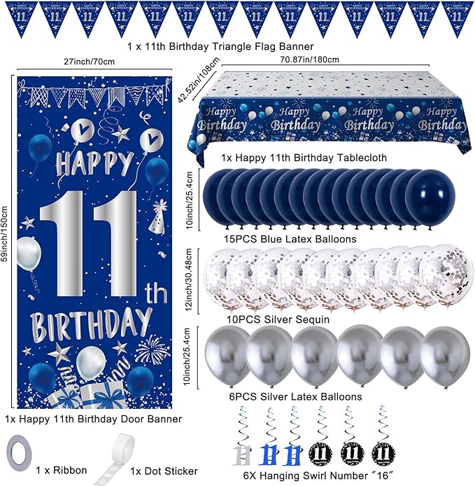 11th Birthday Decorations for Boys Girls, Blue Silver Happy 11th Birthday Decorations Set with 11th Birthday Backdrop Banner Tablecloth Balloons Triangle Flag, 11 Year Old Boy Party Decor Supplies