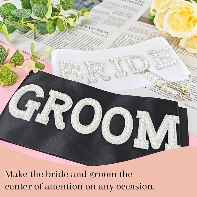 2Pcs Pearl Bride & Groom Sash Set – Bride Sash and Groom Sash, Wedding Engagement Decoration(White & Black, Extra Large)