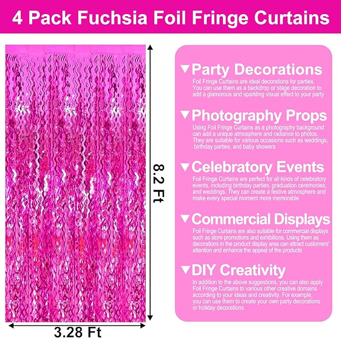 4 Pack Rose Red Wave Foil Fringe Curtain Backdrop, 3.28Ft x 8.2Ft Metallic Tinsel Foil Fringe Streamer Curtains for Photo Booth, Mother's Day, Easter, Birthday, Wedding Party Decoration
