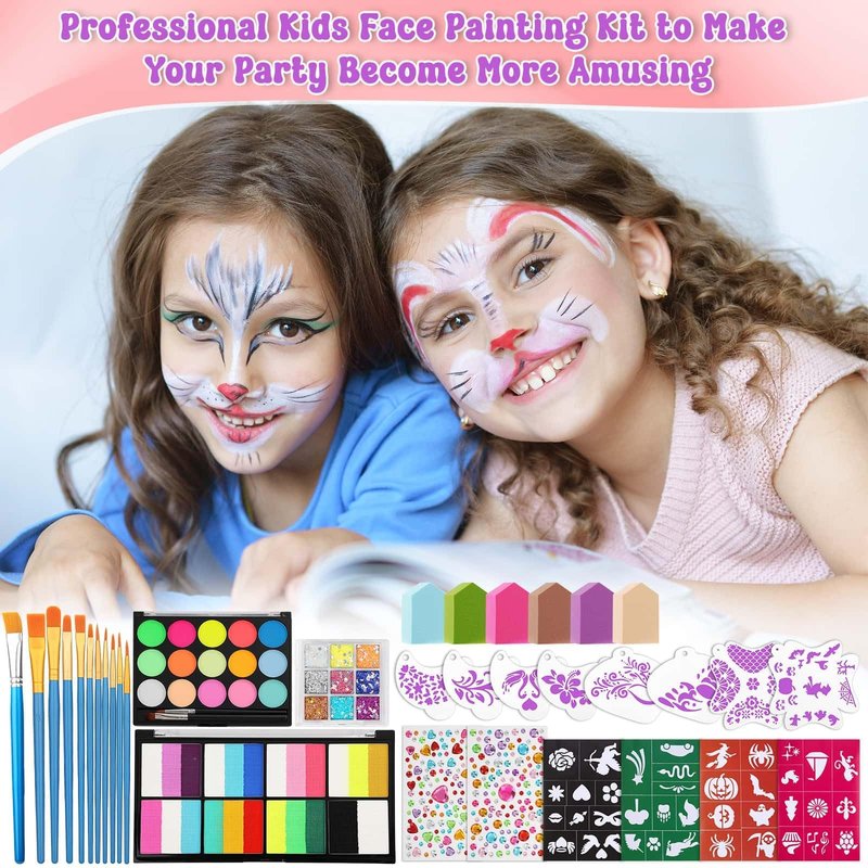 Face Painting Kit with Organizer Box - Rainbow Color Non Toxic & Washable Face Paint Set with Stencils, Brush & Gems Party Makeup for Halloween, Carnival & Costume