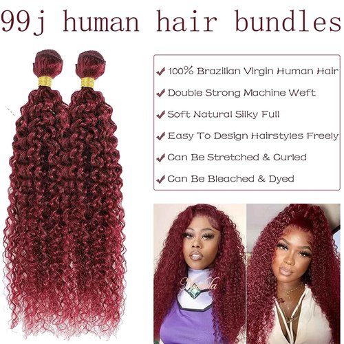 Fabimiya Human Hair Bundles Burgundy 99J Jerry Curly 20 22 24 Inch Bundles Human Hair 100% Unprocessed Burgundy Soft Sewn In Hair with Double Weft for Black Women