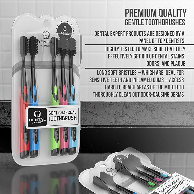 Soft Toothbrushes for Adults - Black Charcoal Toothbrush Ultra Soft for Sensitive Gums - Teeth Whitening Brush for Adults & Children [Extra Family Pack] Super Soft Tip Bristles (Colorful)
