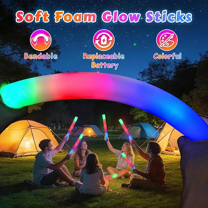 70PCS LED Foam Glow Sticks Bulk, Foam Light Up Sticks with 3 Colorful Flashing Modes, Glow in Dark Party Supplies, Party Light Sticks Pack for Wedding, Concert, New Year, Halloween, Christmas