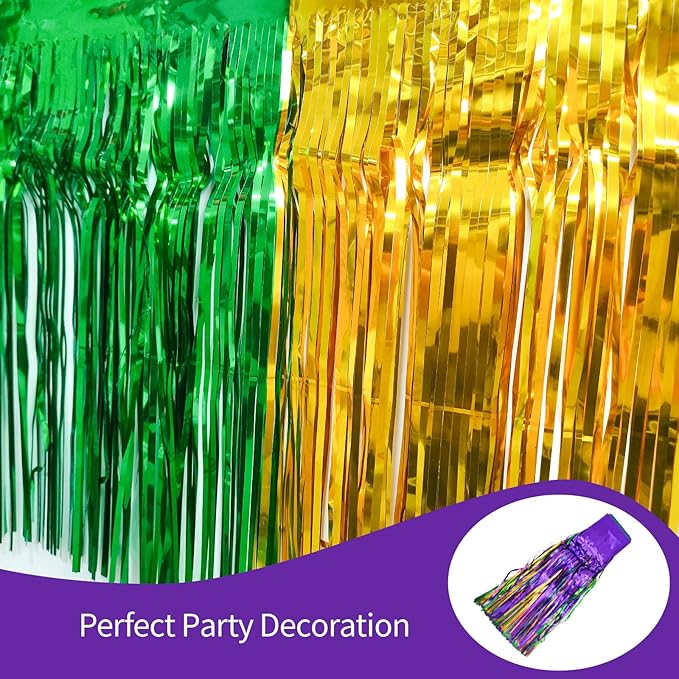 4 Packs 10 Feet Long Foil Fringe Mardi Gras Garland Green Gold Purple Tinsel Metallic Streamers Wall Hanging Birthday Backdrop Banner for Carnaval Car Parade Floats Streamer Decorations
