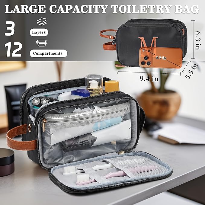 YOOLIFE Mens Toiletry Travel Bag - Personalized Monogram Toiletry Bag Water Resistant Dopp Kit, Travel Essentials for Men, Mens Gifts for Boyfriend Father Best Friend Birthday Gifts Letter G Black