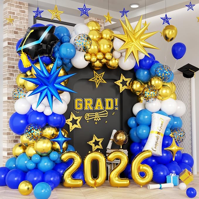 Blue and Gold Graduation Balloon Arch Kit 2026 Graduation Decorations, Gold Number 2026 Balloons with Explosion Star Diploma Grad Cap Foil Balloon for College High School Class of 2026 Graduate Party