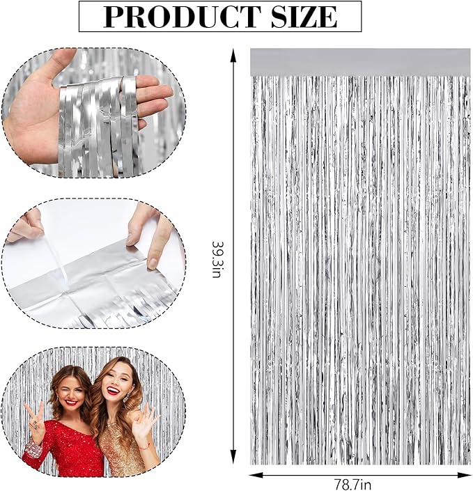 2Pack Foil Curtain Backdrop Silver Metallic Tinsel Foil Fringe Curtains Photo Booth Props for Birthday Wedding Engagement Baby Shower Bachelorette Xmas Holiday Graduation Celebration Party Decoration