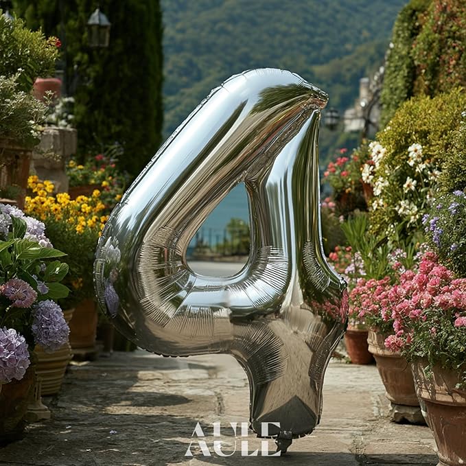 AULE 40 Inch Big Silver 4 Balloon Number Large Foil Helium Number Balloons 0-9 Jumbo Giant Happy 4th Birthday Party Decorations for Boy or Girl Huge Mylar Anniversary Party Supplies
