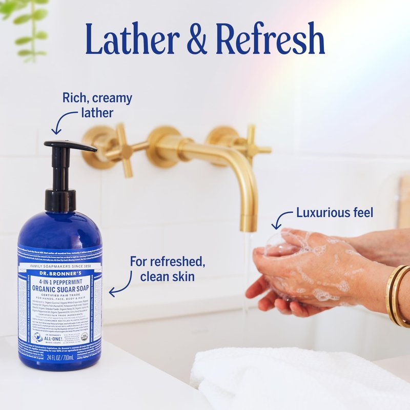 Dr. Bronner's - Organic Sugar Soap (Peppermint, 24 Ounce) - Made with Organic Oils, Sugar & Shikakai Powder, 4-in-1 Uses: Hands, Body, Face & Hair, Cleanses, Moisturizes & Nourishes, Vegan