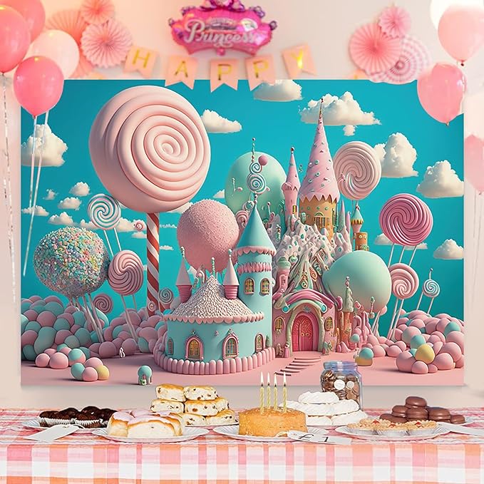 8x6ft Candyland Backdrop Fantasy Pink Sweet Candy Castle Photography Background Children's Birthday Party Candyland Theme Decorations Banner Photo Studio Props