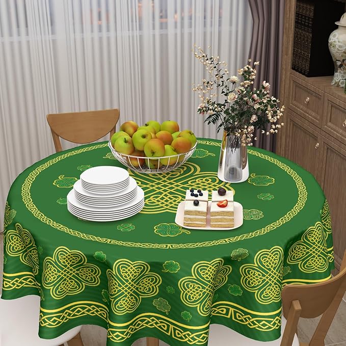 St. Patrick's Day Round Tablecloth 70 Inch Leaf Clover Pattern Circle Table Cloth Green Table Cover Washable Polyester Indoor Decorations for Home Kitchen Dinning Party