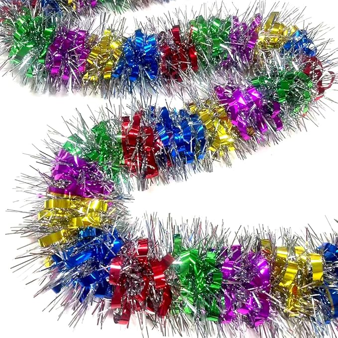 33Ft Long Tinsel Twist Garland Shiny Thick Metallic Foil Xmas Tree Decorations for Birthday Party Christmas New Year Parties Parade Floats and Other Holidays Hanging Decor Supplies-(Colours+Silver)