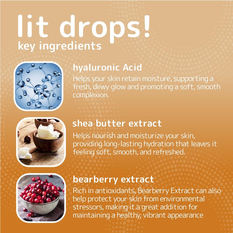 L-UV lit drops! Light sun kissed tan. No color transfer drops with Vitamin C and E. Mix easily with your favorite moisturizer for a natural and flawless looking tan.