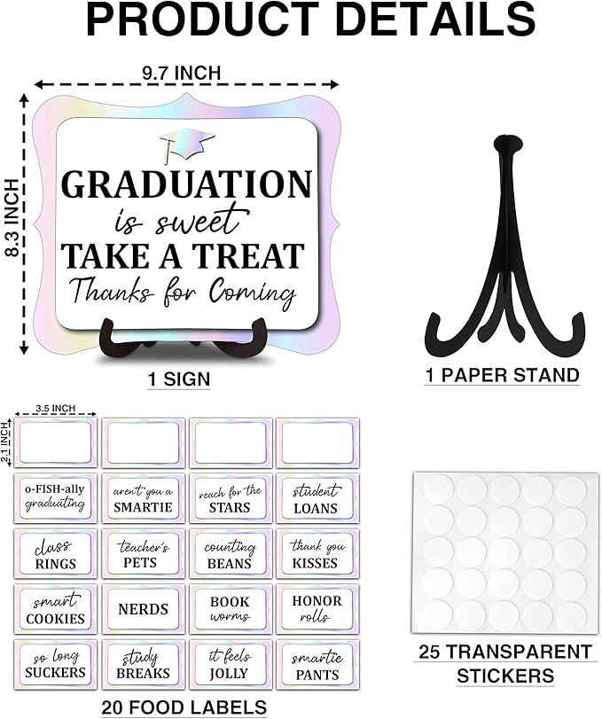 20PCS Graduation Candy Buffet Labels, 1 Colorful Candy Buffet Table Sign with Stand, Catering Supplies Display for Graduation Decorations Class of 2026 -A03