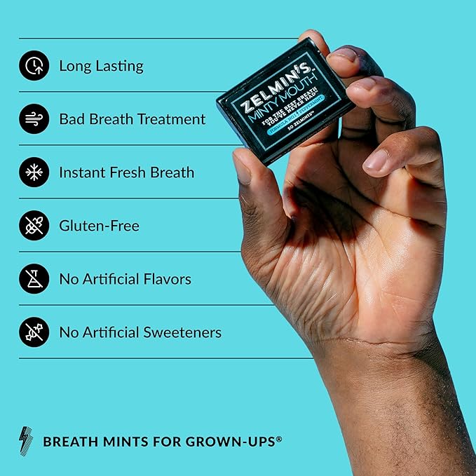 Zelmin's Minty Mouth Breath Freshener - (5 Pack) Long Lasting Bad Breath Treatment for Adults, Instant Freshness Helps with Dry Mouth, Natural Breath Mints for Travel, Alcohol-Free, Keto, Gluten-Free