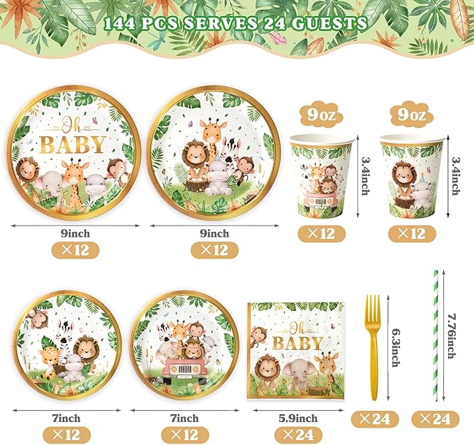 144 Pcs Safari Baby Shower Plates and Napkins (Serves 24 Guests), Plates Napkins Cups Straws and Forks Sets, Party Supplies, Jungle Safari Baby Shower Decorations
