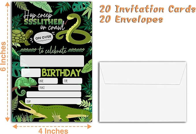 Reptile Birthday Party Invitations, 20-Count Snake Lizard Crocodile Theme Birthday Party Invites With Envelopes-HBYQK-B36