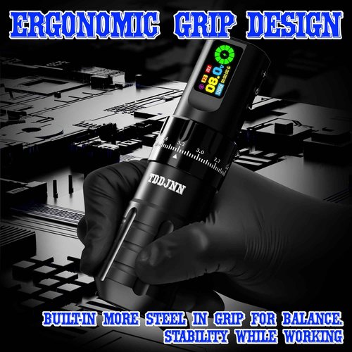 Complete Tattoo Machine Kit with TDDJNN Wireless Rotary Tattoo Pen/Gun 1800mAh LED Battery 7 Strokes Length Normal/Stippling Modes RCA Adapter 20 Cartridge Needles for Pro Artists & Beginners (BLACk)