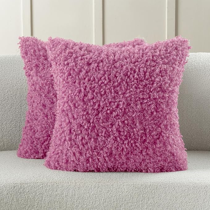 FUTEI Hot Pink Decorative Throw Pillow Covers 24x24 Inch Set of 2,Soft Fluffy Faux Wool Fur Boucle Textured European Cushion Case,Modern Home Decor for Couch Bed Living Room Office