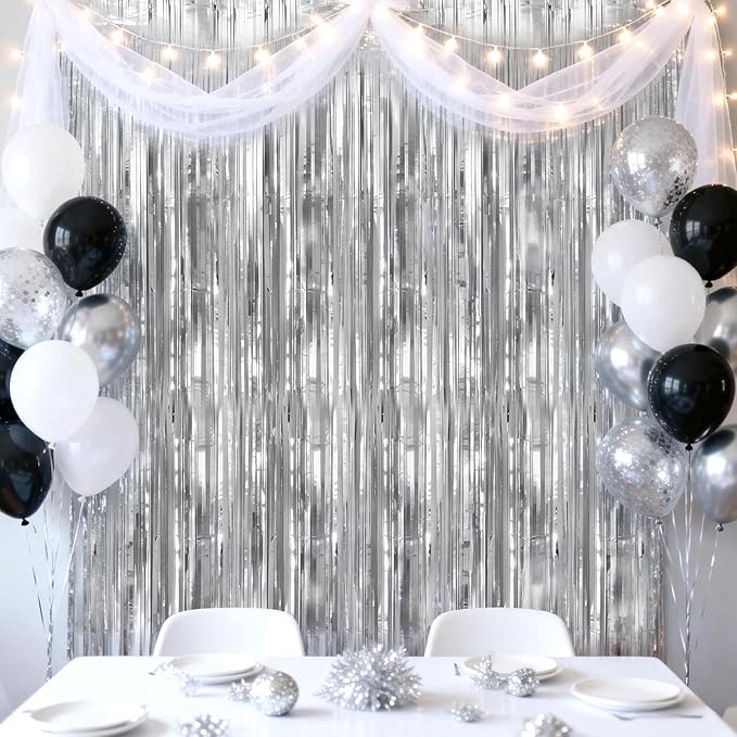 jijAcraft 3 Pack Metallic Silver Tinsel Foil Fringe Curtain, Party Photo Backdrop for New Year’s Eve Weddings Disco Theme Graduation Bachelorette Birthday Baby Shower Party Gender Reveal Decorations