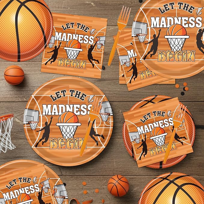 Rakuto March Basketball Party Decorations, 96PCS Let the Madnes Begin Disposable Paper Plates Napkins and Forks Party Decoration, Madnes Sports Theme Birthday Decor for Kids Boys Supplies Serve 24