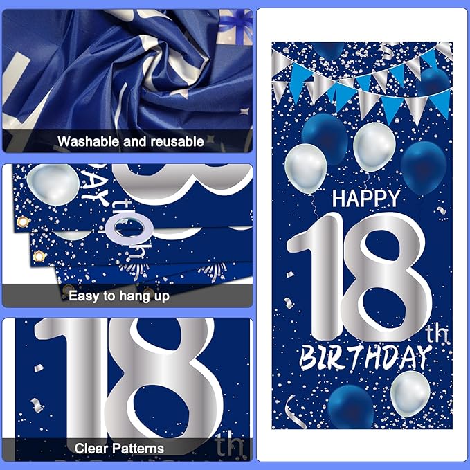 18th Birthday Decorations for Boys Girls, Blue Silver Happy 18th Birthday Decorations Set with 18th Birthday Backdrop Banner Tablecloth Balloons Triangle Flag, 18 Year Old Men Party Decor Supplies
