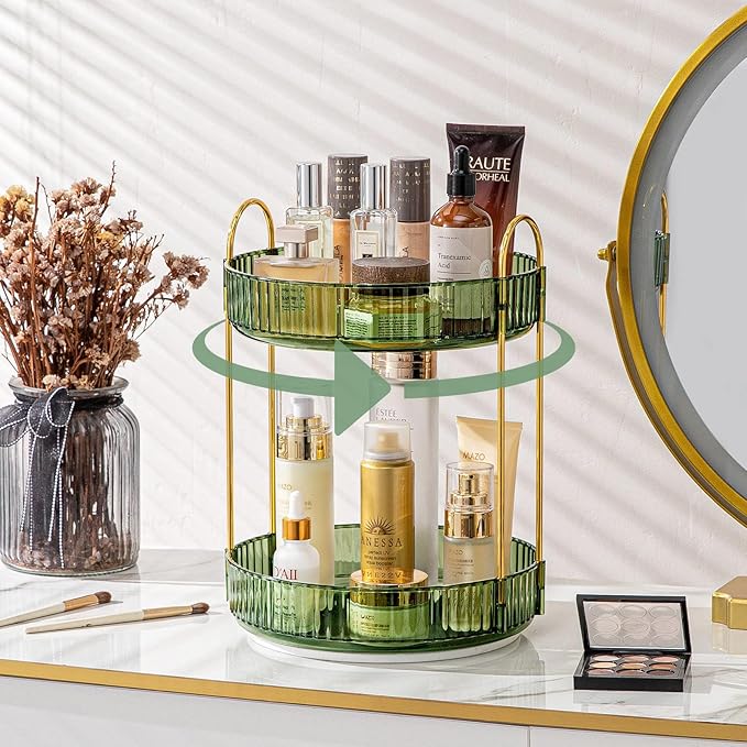 360 Rotating Makeup Organizer for Vanity, Bathroom Countertop Spinning Perfume Organizer, High-Capacity Cosmetic and Skincare Dresser Make Up Holder Rack (2 Tiers, Green)