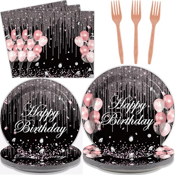 Chiazllta 96 Pcs Black & Rose Gold Party Paper Plate and Napkins - Pink Rose Gold Birthday Party Table Decoration Supplies - Pink Glitter Paper Plate Napkin Fork for 24 Guests