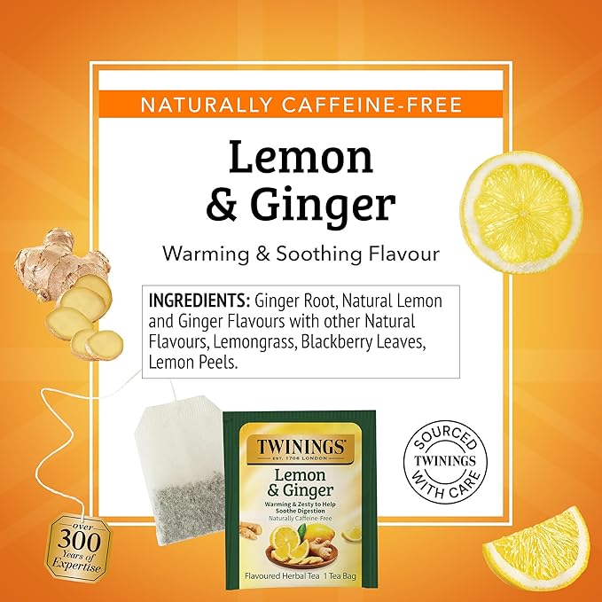 Twinings Lemon & Ginger Herbal Tea Individually Wrapped Bags, 100 Count (Pack of 1), Tangy Lemon, Spicy Ginger, Naturally Caffeine-Free, Enjoy Hot or Iced, 100 Teabags