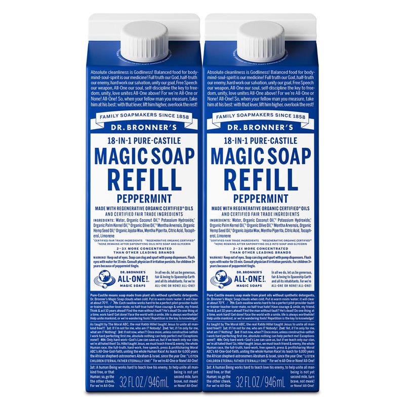 Dr. Bronner's Magic Soap-Pure-Castile Liquid Refill (Peppermint, 32 ounce, 2-Pack) - Regenerative Organic Certified Oils, For Body, Hair, Laundry, Pets & Dishes, Concentrated, Vegan, Non-GMO